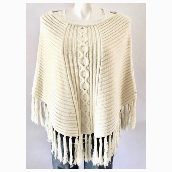 Calvin Klein Jeans Cream Boho Fringe Poncho - Picture 3 of 10